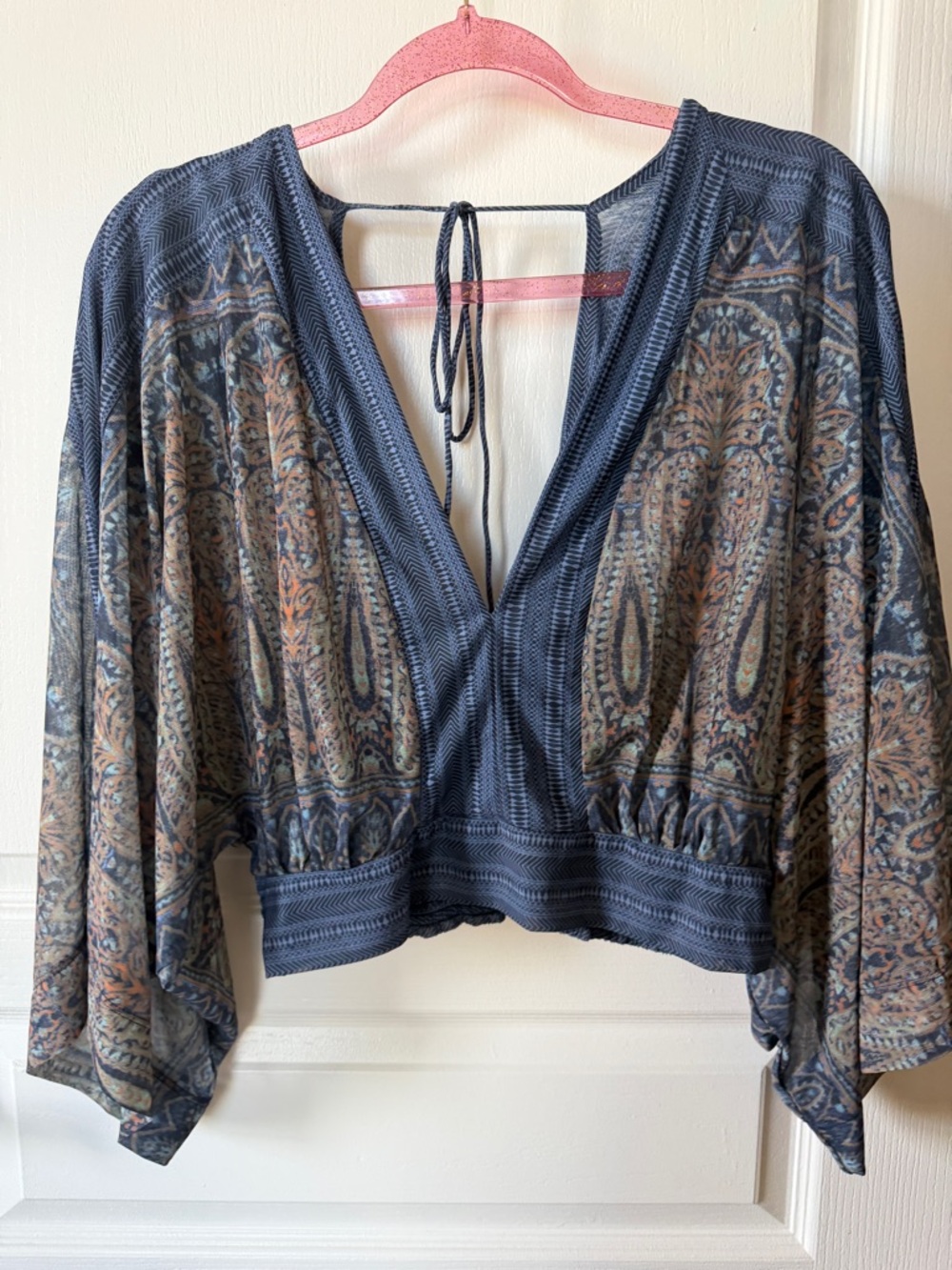 Deep V-Neck Paisley Blouse in Navy and Brown